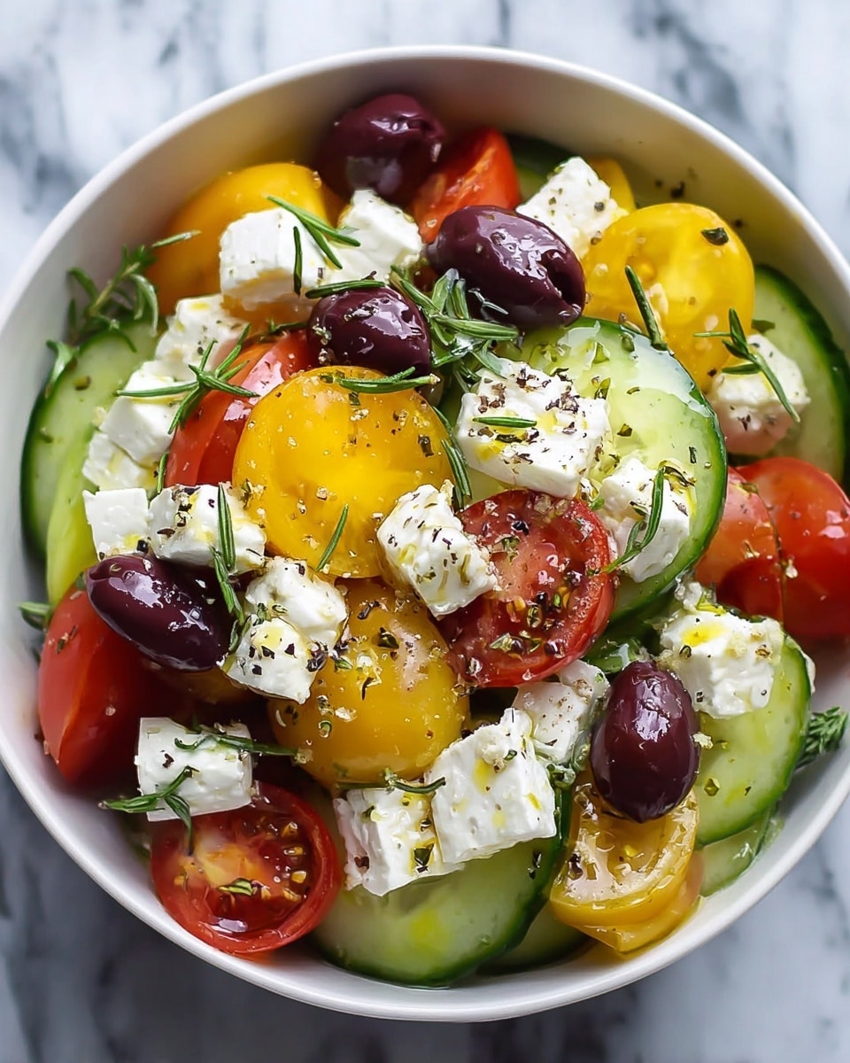 A white bowl holds a fresh salad with three main layers: the base layer is made of green cucumber slices arranged around the bowl; the middle layer consists of whole red and yellow cherry tomatoes scattered evenly; the top layer has soft white crumbled cheese spread over, with dark purple olives placed on top; fresh green rosemary leaves and cracked black pepper are sprinkled all over, with a drizzle of golden olive oil giving a slight shine. The bowl is set on a surface with a white marbled texture. photo taken with an iphone --ar 4:5 --v 7