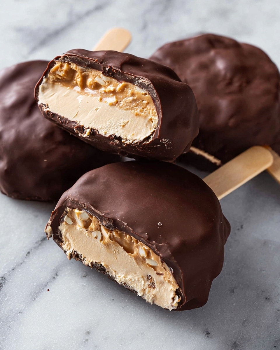 The image shows three chocolate-covered ice cream bars lying on a white marbled surface. One ice cream bar is cut in half, revealing its inside which has two layers: a creamy light beige ice cream layer with a slightly rough texture and a thin layer of roasted peanuts on top, all covered by a thick, smooth dark brown chocolate coating with a slightly bumpy surface. The wooden sticks attached to the bars are light brown and extend from the bottom of the bars. photo taken with an iphone --ar 4:5 --v 7