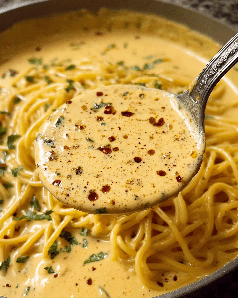 A close-up view of creamy pasta sauce in a pan with a spoon lifting some of the thick, light orange sauce flecked with red pepper flakes and herbs. Below the sauce, strands of spaghetti peek through, coated in the sauce with green herb bits scattered throughout. The pan edge is dark and slightly textured. Photo taken with an iphone --ar 4:5 --v 7