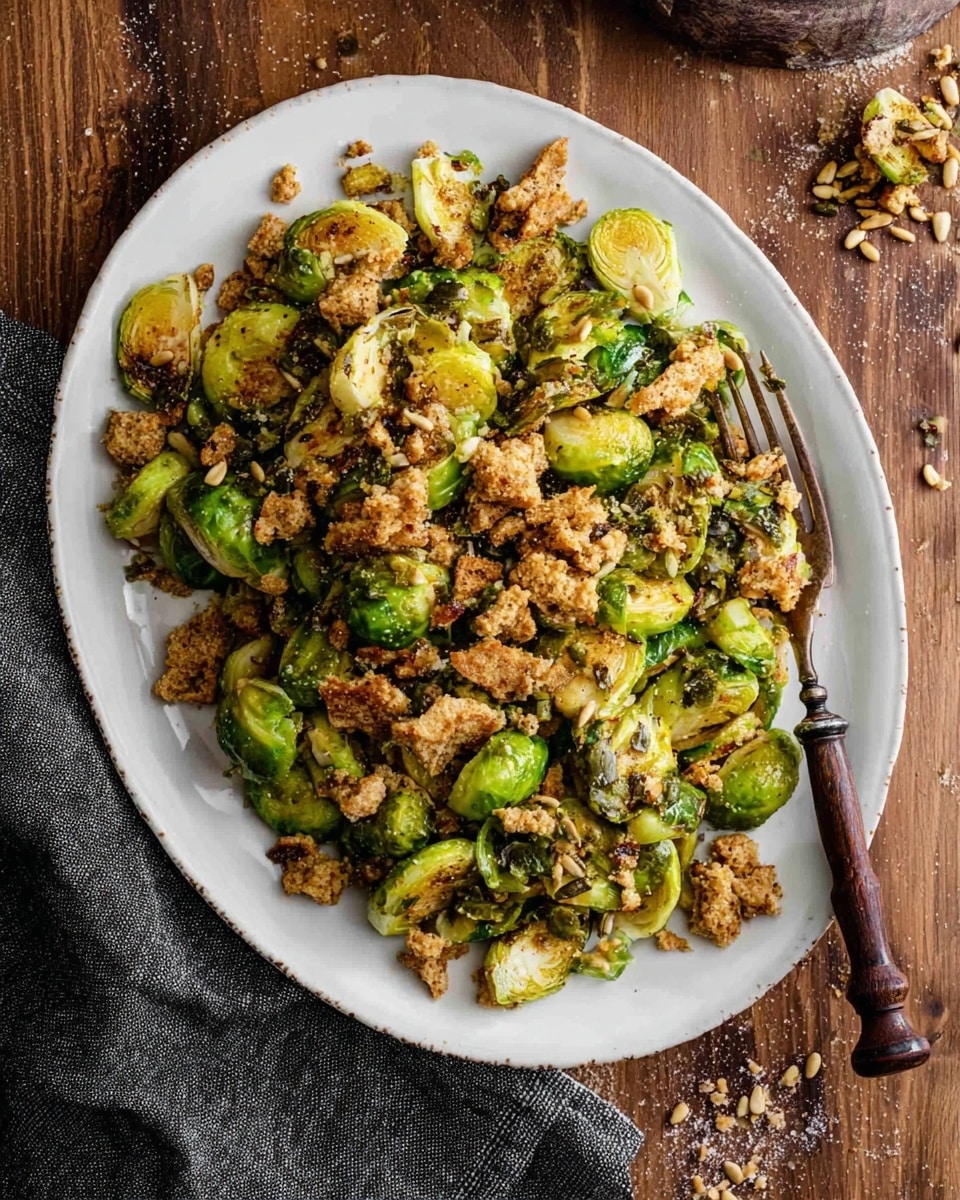 A white plate holds a dish made of two main layers: the bottom layer is bright green roasted Brussels sprouts with a slight browning on the edges, and on top there is a layer of golden-brown toasted bread pieces mixed with some green pumpkin seeds scattered throughout. The bread pieces are irregular in shape and crisp looking, adding texture contrast to the soft Brussels sprouts beneath. A wooden-handled metal fork rests on the right side of the plate, touching the food. The plate is set on a rustic wooden table with some scattered bread crumbs and nearby a small white bowl filled with sunflower seeds. There is also a dark gray cloth partly visible near the top left corner. photo taken with an iphone --ar 4:5 --v 7