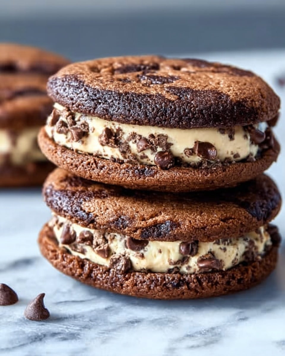 The image shows two chocolate chip cookie sandwiches stacked together on a white marbled surface. Each sandwich has three layers: the top and bottom layers are thick, soft, and chewy dark brown chocolate chip cookies filled with visible melted chocolate chips. The middle layer is a creamy, light tan filling with dark chocolate chips mixed in, creating a contrast with the darker cookies. The texture of the cookies looks slightly cracked, adding to their chewy appearance. In the background, there is a blurred view of additional chocolate chips scattered on the marbled surface. photo taken with an iphone --ar 4:5 --v 7