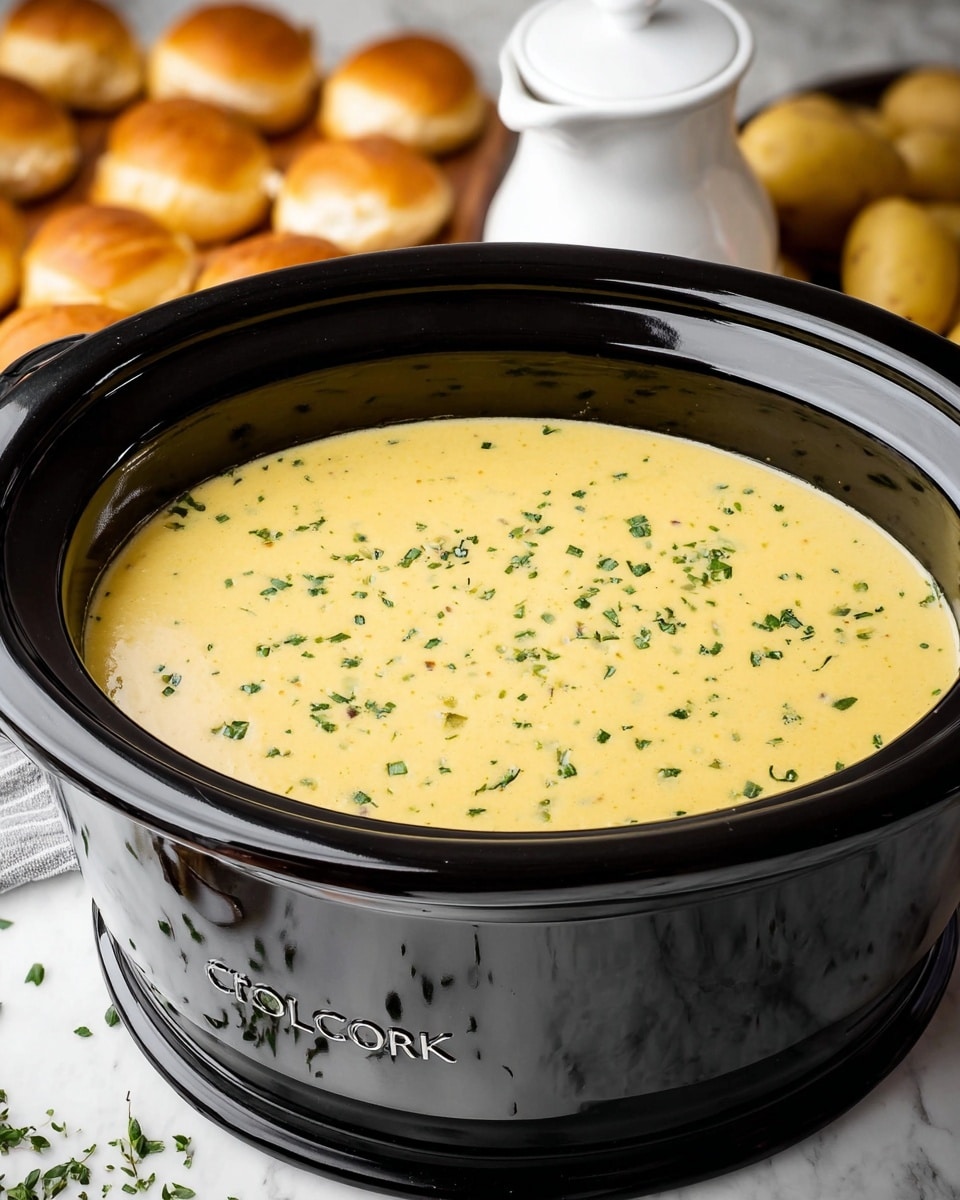 A black Crock-Pot filled with creamy, pale yellow soup that has small bits of ingredients inside, topped with scattered bright green chopped herbs, sitting on a white marbled texture. The pot is centered, showing its shiny surface and two side handles. Around the pot, there are some potatoes in the background on the right, a white bowl partially visible on the right bottom, some bread rolls on the left bottom, and silver salt and pepper shakers in the front left. The scene has soft, natural light giving the soup a smooth, rich texture. Photo taken with an iphone --ar 4:5 --v 7