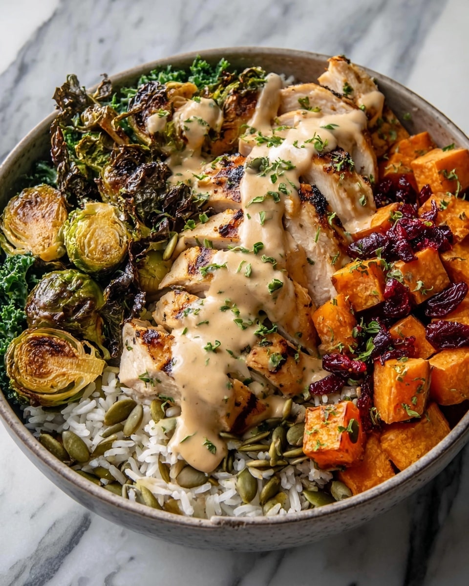 A white bowl holds a colorful dish with four main sections: starting on the bottom left, there is a bed of cooked kale with a dark green, slightly crinkled texture mixed with small roasted Brussels sprouts, which are green with charred brown edges; next to it, grilled chicken slices with golden brown grill marks are stacked in the middle, topped with a light tan sauce drizzled over them; on the right, chunks of roasted sweet potatoes show a bright orange color with browned spots and are scattered with dark green pumpkin seeds and small pieces of red dried cranberries on top; all these layers rest on a base of white rice mixed with green pumpkin seeds at the bottom of the bowl. The photo is taken with an iphone --ar 4:5 --v 7