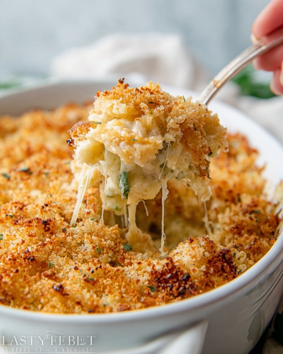 The image shows a close-up of a baked dish in a white oval dish with a golden brown crumbly top layer that is crunchy and toasted. Below the crispy top is a creamy, gooey layer of melted cheese that stretches as a spoon lifts a portion of the dish. Underneath the cheese, there is a mix of bulging vegetables or pasta in a light sauce. The dish looks warm and comforting, placed on a white marbled surface. photo taken with an iphone --ar 4:5 --v 7