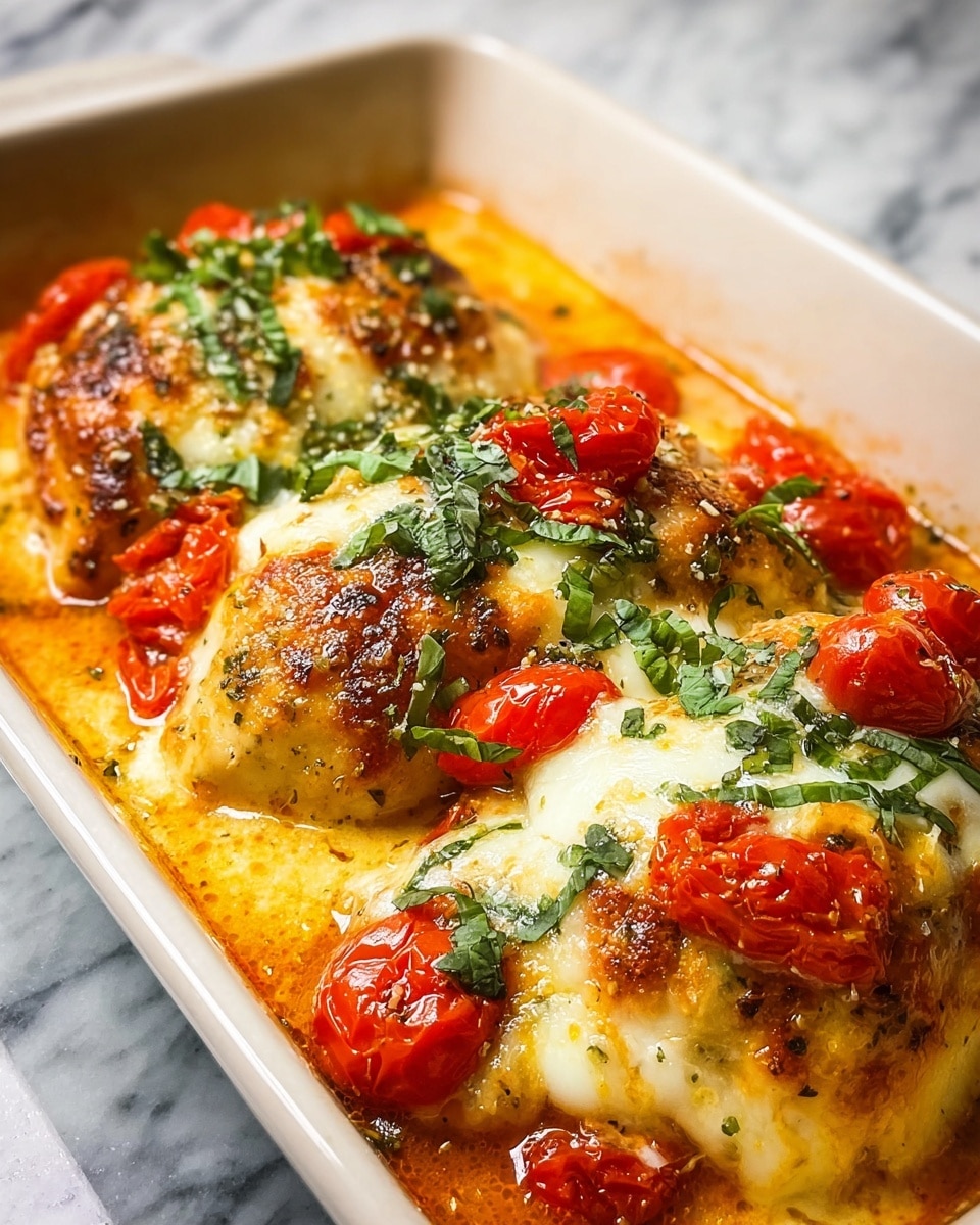 Three pieces of cooked chicken breast are placed side by side in a rectangular white dish, each topped with a layer of melted, golden-brown cheese that has a bubbly texture. Visible on the cheese are small red cherry tomato pieces that add pops of color, and fresh green basil leaves are sprinkled over the top and placed in the center of the middle piece. The dish shows some creamy sauce around the edges, with a slightly browned crust forming along the sides. The background is a white marbled surface. Photo taken with an iphone --ar 4:5 --v 7
