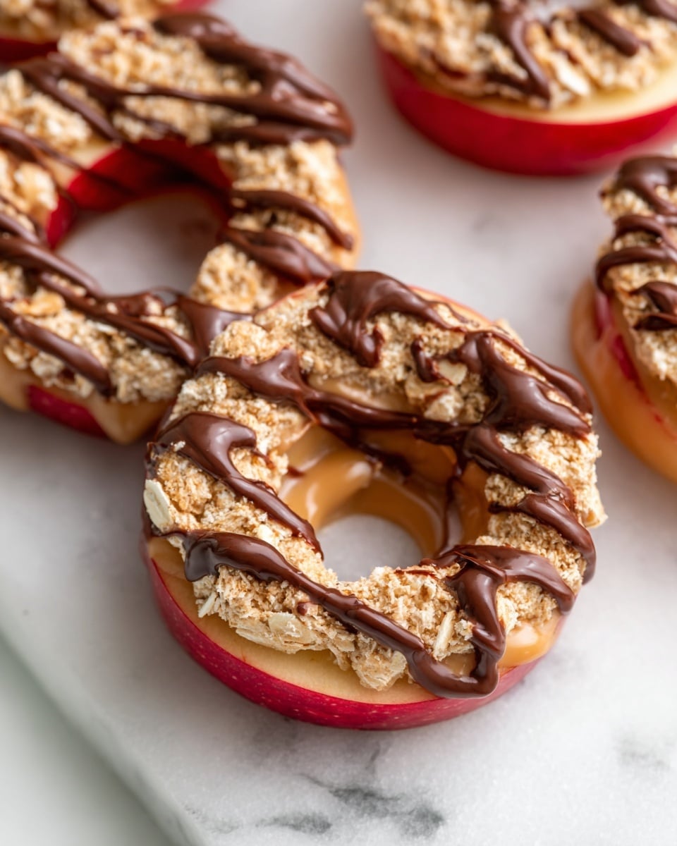 The image shows several layered apple ring snacks arranged closely on a white marbled surface. Each snack has three layers: the bottom layer is a thick red apple slice with smooth skin and juicy texture; the middle is a light brown mixture with a rough, grainy texture that looks like oatmeal or granola, shaped to fit the round apple slice with a hole in the center; the top layer is a glossy dark brown drizzle of chocolate spread unevenly over the oatmeal layer. The focus is on the front apple ring with others blurred in the background, showing the detailed textures and colors clearly. photo taken with an iphone --ar 4:5 --v 7