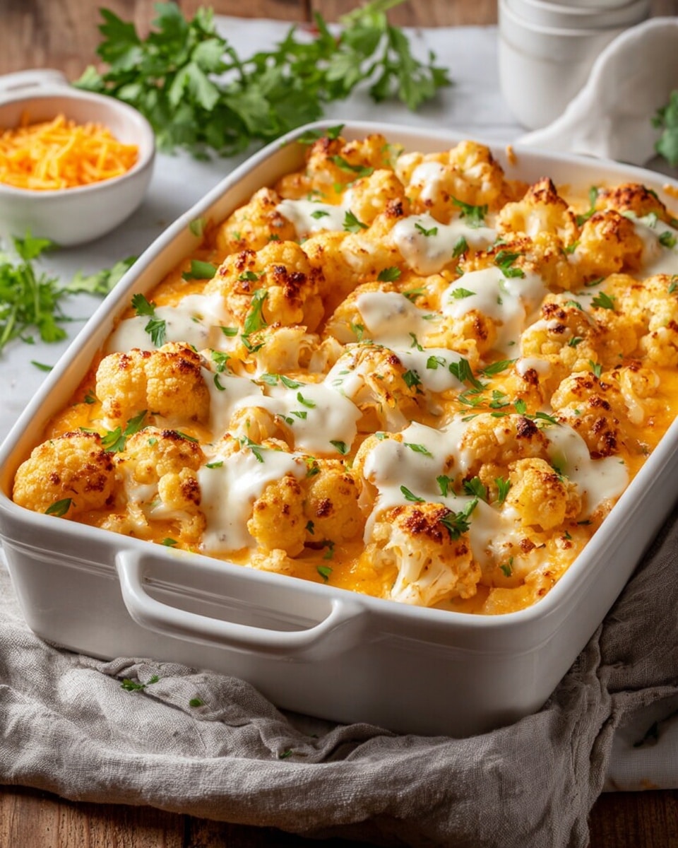 A white rectangular baking dish filled with a creamy cauliflower casserole that has about three layers: a base layer of soft, golden-orange cheesy sauce, a middle layer of tender, roasted cauliflower florets with browned edges, and a top layer of melted white cheese sauce drizzled unevenly across the cauliflower. Small sprigs of fresh green herbs are scattered on top for color contrast. The dish is placed on a light beige cloth on a wooden surface, with a small white bowl of extra cheddar cheese in the background and some scattered green herb leaves nearby. Photo taken with an iphone --ar 4:5 --v 7