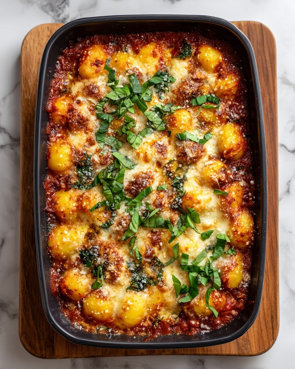 A black rectangular baking dish filled with a baked gnocchi dish, showing two main layers: the bottom layer is a thick red tomato sauce with soft gnocchi pieces visible around the edges, the top layer is a bubbling, golden-brown melted cheese layer that covers the gnocchi and sauce, sprinkled with grated Parmesan cheese and fresh green basil leaves scattered on top. The baking dish sits on a light wooden board with a white marbled texture surface underneath. photo taken with an iphone --ar 4:5 --v 7