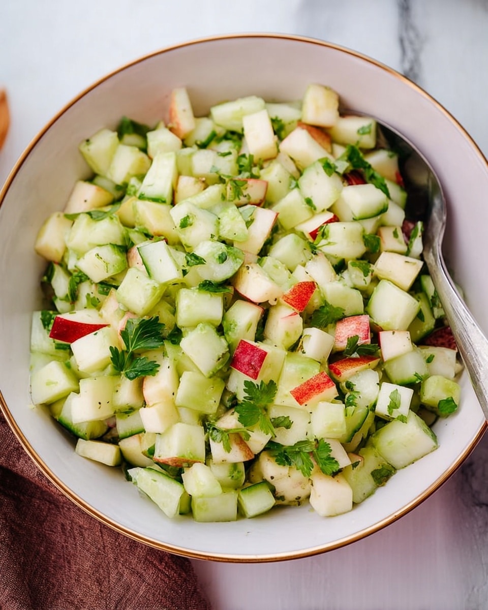 A bowl filled with a fresh mix of diced ingredients showing about three main layers: the top layer has small pieces of green cucumber with bumpy skin, red-skinned apple cubes with white flesh, and light green celery bits. Small dark green parsley leaves are scattered evenly on top as garnish. The bowl is white with subtle pink tones and specks of gold patterns. A silver spoon is partially visible inside the bowl on the right side. The bowl is placed on a white marbled surface with a dark brown cloth visible at the bottom left corner. Photo taken with an iphone --ar 4:5 --v 7