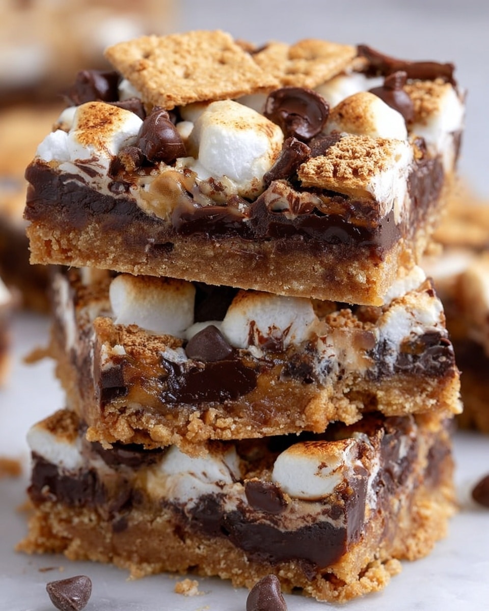 The image shows a stack of three dessert bars on a white marbled surface. Each bar has three distinct layers: the bottom layer is a golden brown crumbly crust, the middle layer is filled with melted dark chocolate chunks, and the top layer consists of toasted light brown marshmallows mixed with pieces of golden beige graham crackers. The bars have a textured and gooey look, with the chocolate and marshmallows slightly melting and mingling together. Photo taken with an iphone --ar 4:5 --v 7