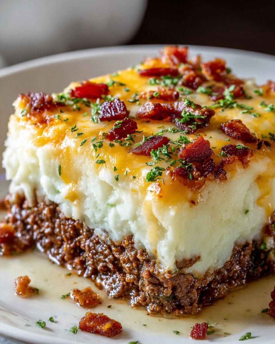 A close-up of a three-layered dish on a white plate, set on a white marbled surface. The bottom layer is a dense, crumbly ground meat mixture in brown shades with a slightly greasy texture. The middle layer is a thick, fluffy, and creamy white mashed potato layer with a smooth texture. The top layer is golden brown melted cheese, bubbly and slightly crispy, with scattered small pieces of crispy reddish-brown bacon and sprinkled fine green herbs adding color and freshness. Some bits of bacon and herbs are also on the plate around the dish. Photo taken with an iphone --ar 4:5 --v 7