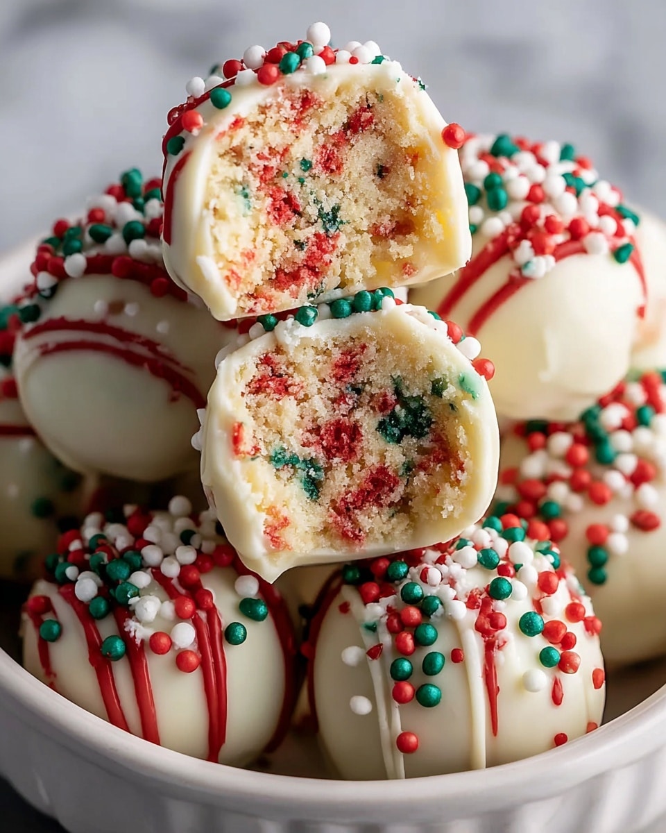 A close-up of round treat balls coated in smooth white chocolate, each decorated with small red, green, and white round sprinkles on top. One treat is cut in half and placed on top of the others, revealing a soft, light yellow crumbly inside with red and green bits mixed in. The treats sit inside a white bowl with a brown rim, all set against a white marbled background. Photo taken with an iphone --ar 4:5 --v 7