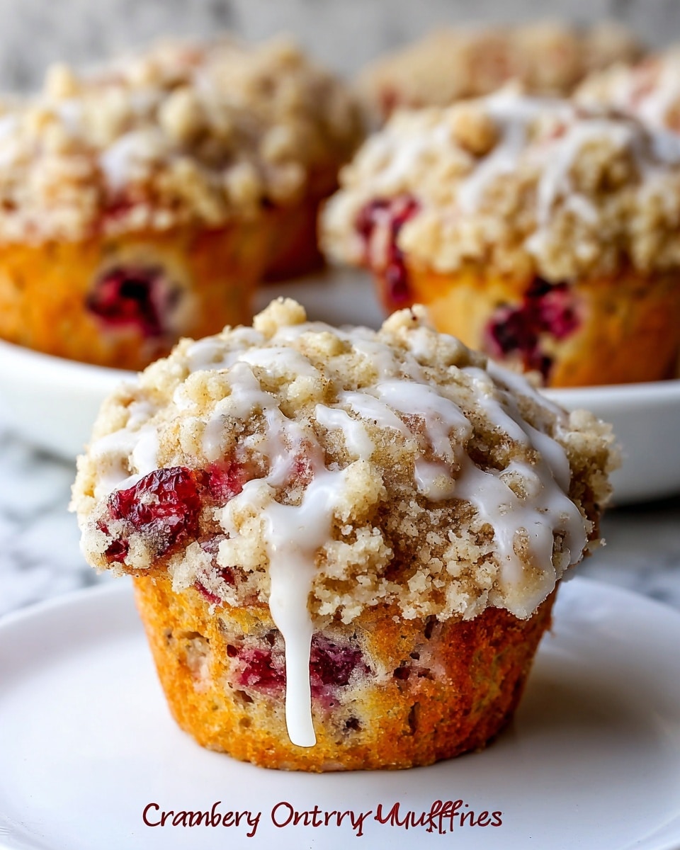 A close-up of a crumb-topped muffin sitting on a white plate, showing three main layers: the bottom layer is a golden-brown baked muffin with little specks of cranberry and orange zest visible, the middle layer has bright red cranberries embedded in the soft dough, and the top layer is a crumb topping with a rough, crumbly texture in a light tan color, all glazed with white icing drizzled unevenly over the top and sides, with more muffins blurred in the background on a white marbled surface. Photo taken with an iphone --ar 4:5 --v 7