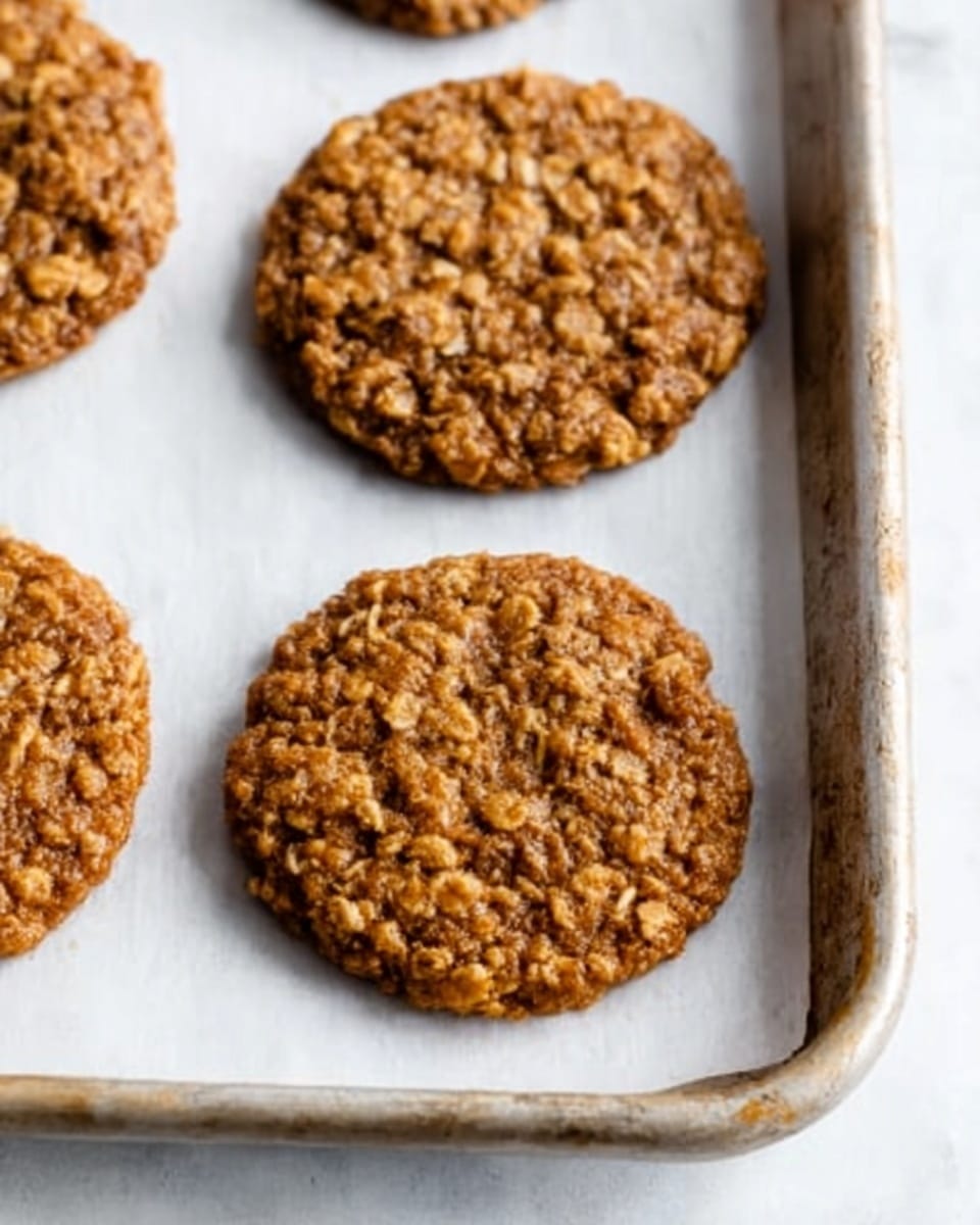 The image shows four round oatmeal cookies on white baking paper placed on a metal baking tray. The cookies have a rough texture with visible oats and small brown specks, indicating a baked, crispy surface. The cookies are evenly spaced, and the edges look slightly crispier than the center. The background is a white marbled texture. photo taken with an iphone --ar 4:5 --v 7