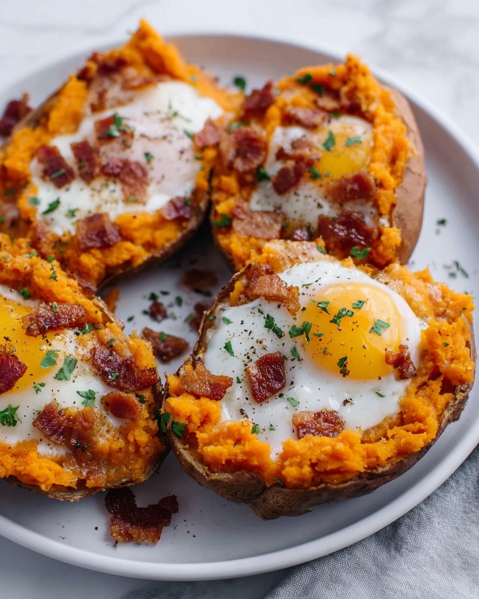 The image shows three baked sweet potato halves on a white plate, each filled with a layer of bright orange mashed sweet potato. On top of the mashed layer is a cooked sunny-side-up egg with a shiny, bright yellow yolk and a slightly set white, sprinkled with small pieces of crispy bacon and finely chopped green herbs, likely chives. The edges of the sweet potato skins are rough and brown, framing the soft and creamy filling. The plate is set on a white marbled surface, giving a clean and fresh look to the composition. photo taken with an iphone --ar 4:5 --v 7