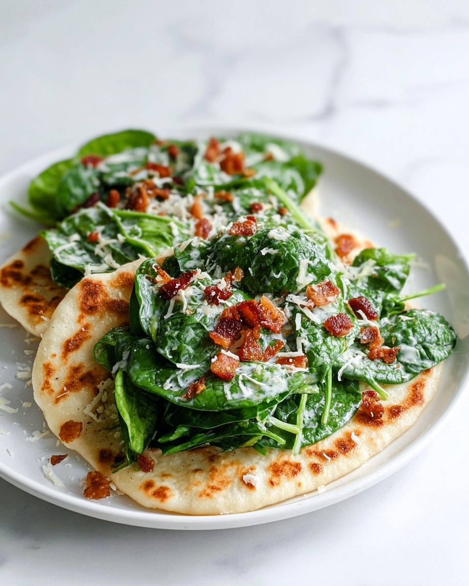 Two flat, round, golden-brown pancakes sit on a white plate with a white marbled surface background. Each pancake has a rough texture with crispy edges. On top of the close pancake is a thick pile of dark green leafy vegetables coated in a creamy white dressing, sprinkled with small pieces of crispy reddish-brown bacon and fine white grated cheese, giving a mix of creamy, crunchy, and fresh textures. Some bacon bits and grated cheese are scattered around on the plate. Photo taken with an iphone --ar 4:5 --v 7