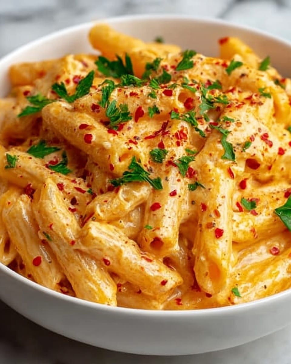 A close-up of a white bowl filled with creamy pasta, where the noodles are coated in a thick, light orange sauce. The sauce has small bits of red chili flakes and tiny green parsley leaves sprinkled on top. The texture looks smooth and rich, with some pieces of cheese mixed in. The background is a white marbled surface. Photo taken with an iphone --ar 4:5 --v 7