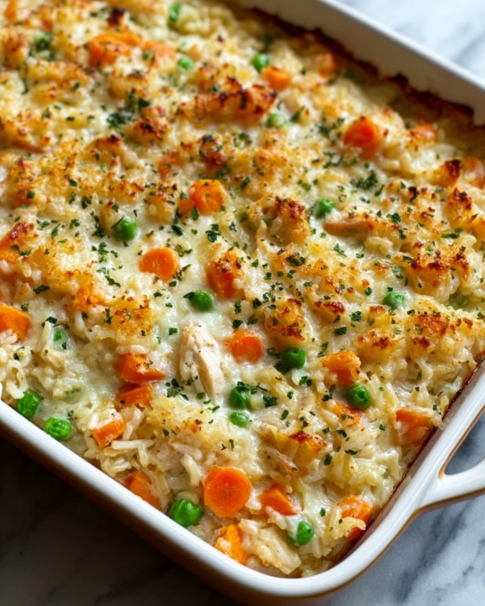 A close-up view of a rectangular white ceramic baking dish filled with a creamy chicken and rice casserole. The top layer is golden brown melted cheese with small browned spots, scattered orange carrot slices, and small green peas. Beneath the cheese are a mix of shredded chicken pieces and creamy rice, the rice showing soft yellow tones. Freshly chopped parsley is sprinkled evenly on top, adding green color. The dish sits on a white marbled surface. photo taken with an iphone --ar 4:5 --v 7