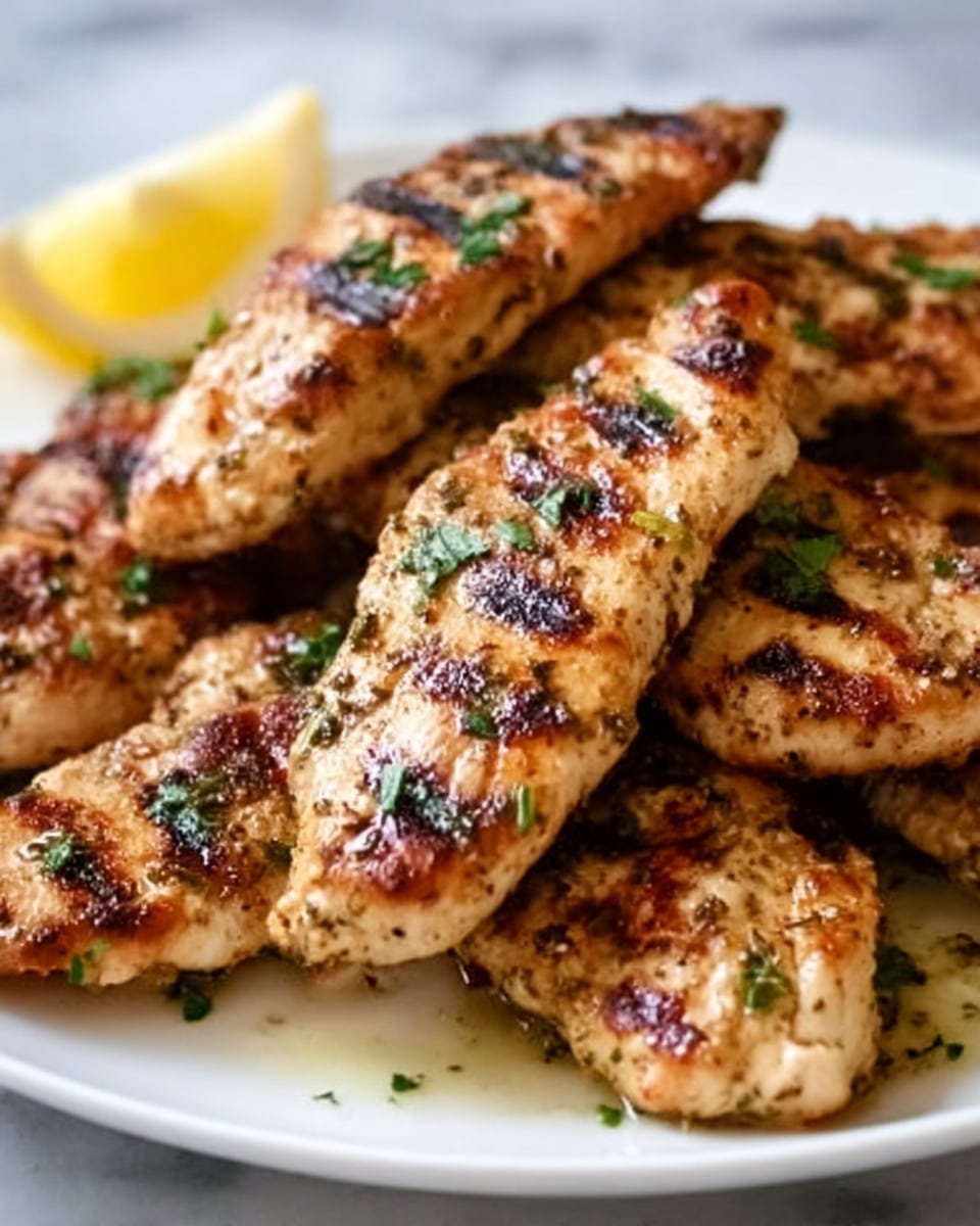 The image shows several pieces of grilled salmon, each with a browned, slightly charred texture and a golden-orange color. The salmon pieces are arranged closely together on a white plate, garnished with small green herb leaves scattered on top. The surface beneath the plate is a white marble texture. The overall look is warm and appetizing, highlighting the juicy, well-seasoned fish with a slight shine from the glaze. Photo taken with an iphone --ar 4:5 --v 7