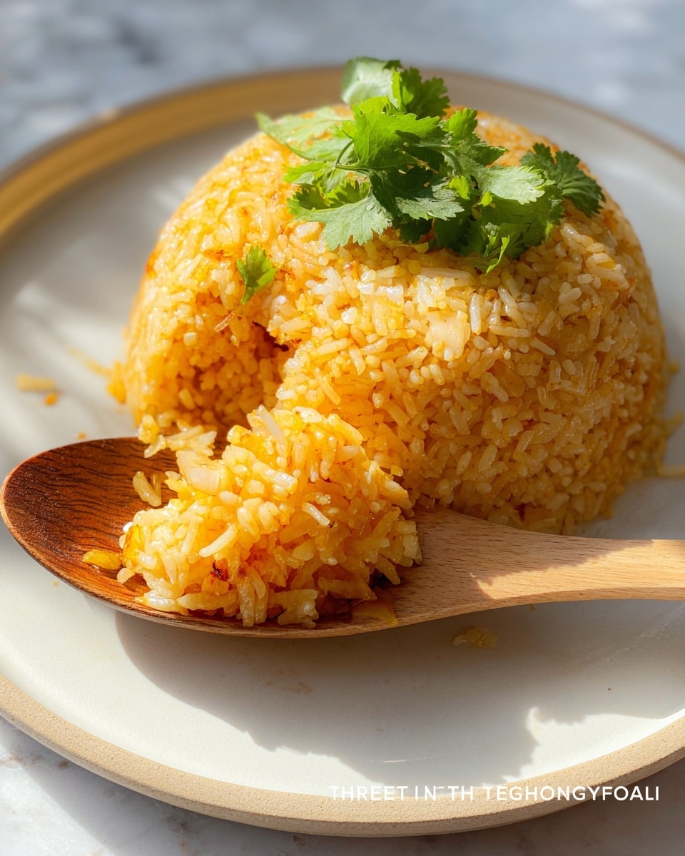 A dome-shaped mound of golden-yellow fried rice with visible grains and small bits of sautéed onions, sitting on a clean white plate placed on a white marbled surface. On top, fresh green cilantro leaves add a pop of color. A wooden spoon lifts a portion from the base of the rice mound, showing the texture of the moist, fluffy rice mixed with tiny bits of seasoning. The warm sunlight highlights the glossiness and slightly oily surface of the rice, creating soft shadows around the edges. photo taken with an iphone --ar 4:5 --v 7