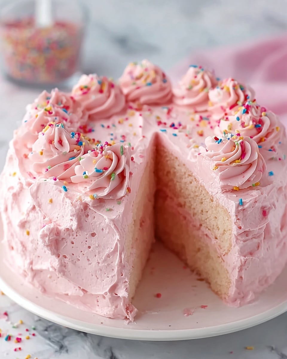 A round, single-layer pink cake with fluffy texture is covered in thick, light pink frosting. The frosting is swirled with large, smooth dollops around the sides and top edge. The top is decorated with small, colorful round sprinkles scattered over the frosting. A slice is cut out showing the soft, airy inside layer. The cake sits on a white plate with a slight scalloped edge on a white marbled surface. The background is soft blue and slightly blurred. photo taken with an iphone --ar 4:5 --v 7