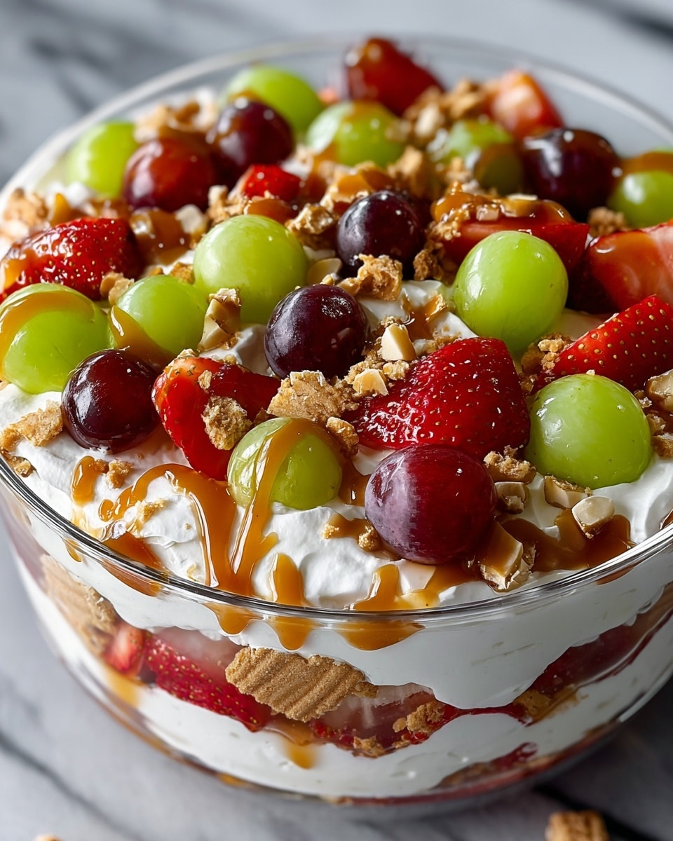 A clear glass bowl filled with layers starting from the bottom with a crumbly brown crust, followed by a thick layer of white creamy whipped topping that has swirled peaks all around the edges. On top, there is a colorful mix of green grapes, red grapes, and bright red strawberry halves scattered evenly. Small pieces of chopped nuts and light brown crumbly bits are sprinkled over the fruit, with a shiny caramel sauce drizzled in thin streams across the whole dessert. The bowl is set on a white marbled surface. photo taken with an iphone --ar 4:5 --v 7