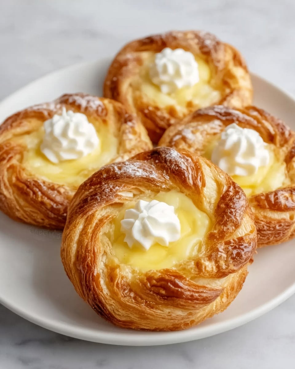 Three round Danish pastries sit on a white plate, each with a flaky, golden-brown outer layer twisted into a ring shape. Inside each ring is a smooth, creamy pale yellow layer, topped with a dollop of glossy, light yellow custard or cream. The pastries have a slightly shiny surface, showing a fresh bake. The plate rests on a white marbled texture surface. Photo taken with an iphone --ar 4:5 --v 7