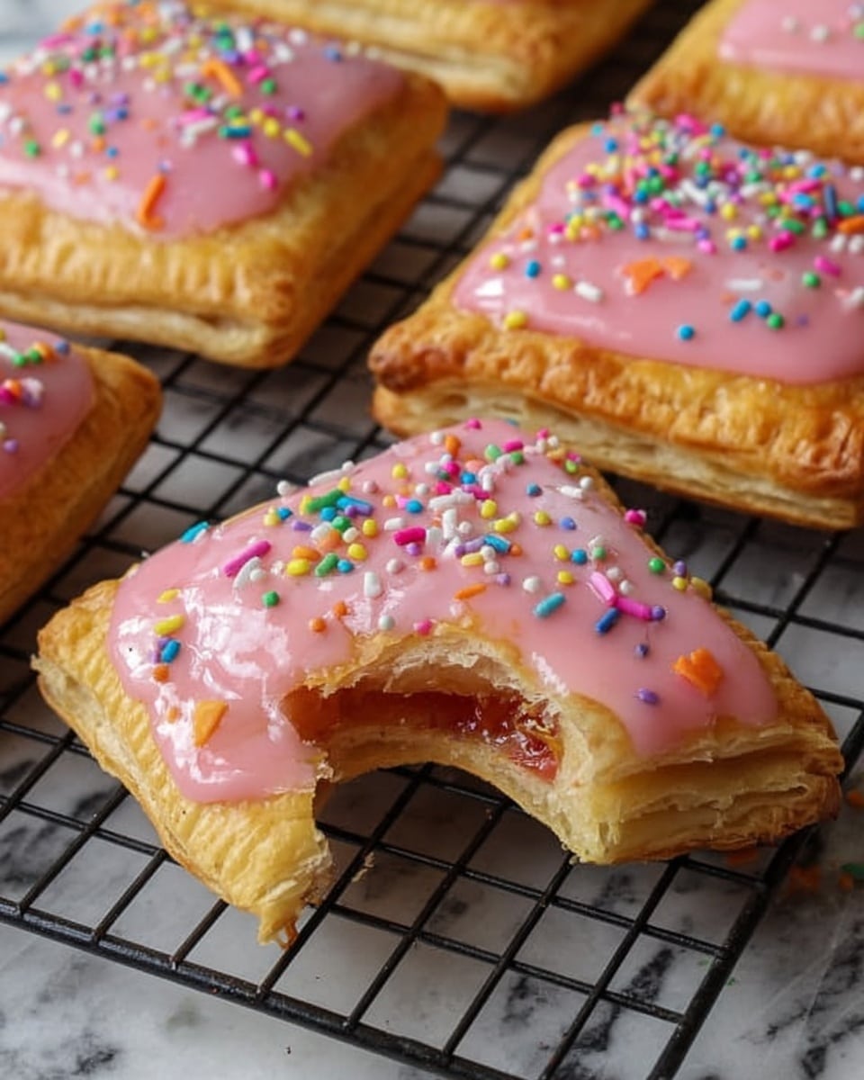 The image shows square pastries on a black wire cooling rack over a white marbled surface with some crumbs around. Each pastry has two layers of light golden-brown flaky crust; the top layer has a pink icing glaze, which is smooth and slightly shiny, covering most of the pastry surface and dripping a little on the edges. Colorful small round and stick sprinkles are scattered on the pink icing. One pastry is partially eaten, revealing a slightly translucent orange filling inside, with the crust edges crimped and browned. Photo taken with an iphone --ar 4:5 --v 7