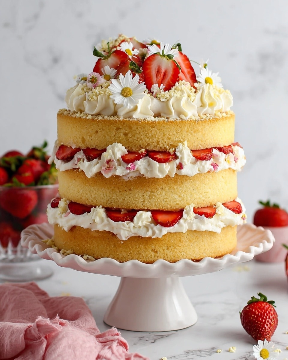 A three-layer vanilla sponge cake is displayed on a white ruffled cake stand set on a white marbled surface. Each cake layer is light golden brown and thick, separated by generous swirls of white whipped cream and bright red sliced strawberries. The top layer is decorated with dollops of whipped cream, strawberry slices, small white crumb clusters, and tiny white and yellow edible flowers. The overall look is fresh, tall, and layered with soft textures and vibrant red fruit contrasting with creamy white frosting and the cake's golden color. Photo taken with an iphone --ar 4:5 --v 7