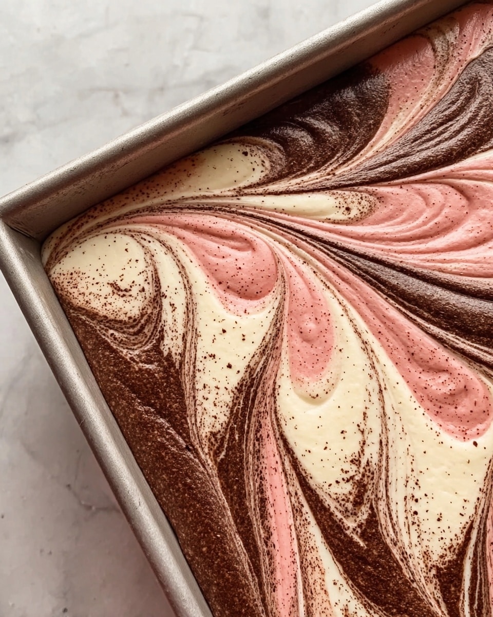 A close-up view of a baking pan filled with a swirled mixture of three colors and textures: creamy white, dark brown, and soft pink. The creamy white layer is thick and smooth, creating the base, while dark brown swirls of chocolatey texture spread unevenly across the surface. Soft pink streaks blend gently with the white and brown, adding a delicate contrast. The swirls form flowing, wave-like patterns that cover the whole pan, giving a marbled effect. The pan is set on a white marbled surface. photo taken with an iphone --ar 4:5 --v 7