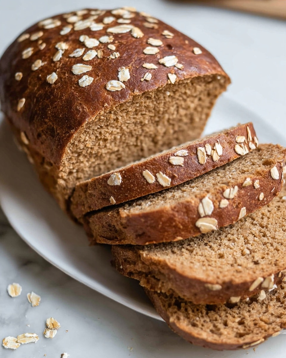 A loaf of brown bread sprinkled with pale oats rests on a white plate placed on a white marbled surface. The bread shows several diagonal slices on one side, exposing a soft, dense, light brown inner texture, while the top crust is darker brown with scattered oat flakes. In the background, the whole loaf is visible, similarly topped with oats, adding texture contrast. Photo taken with an iphone --ar 4:5 --v 7