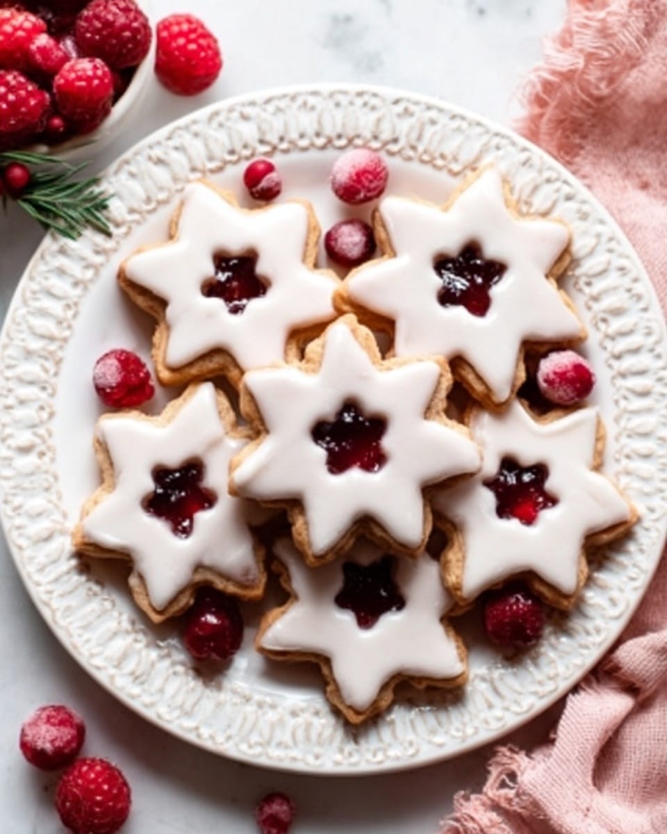 A white plate with a detailed lace edge sits on a white marbled surface. On the plate, there are seven Christmas tree-shaped cookies, each with two layers: a pale beige base and a glossy white icing on top. In the center of each cookie is a star cut-out filled with a dark red jam that is shiny and smooth. Around the plate, a few fresh red cranberries add color contrast. The whole scene looks bright and festive. photo taken with an iphone --ar 4:5 --v 7
