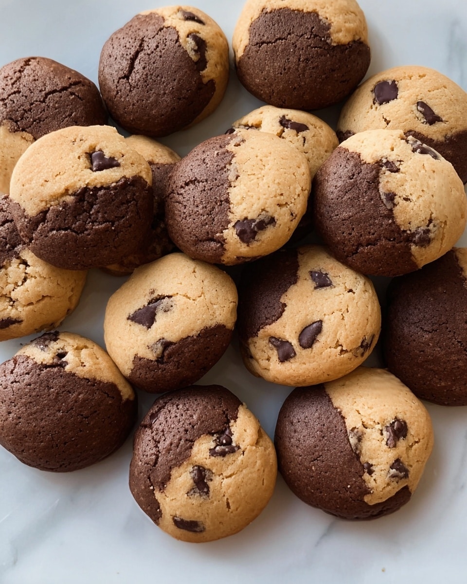 The image shows a close-up of many round marbled cookie dough balls with two color layers: light beige and dark brown, swirled together on each piece. The light beige dough looks smooth and soft, while the dark brown dough has visible chocolate chips embedded inside, adding texture. The cookie dough balls are arranged closely together on a white marbled surface, filling the frame. Each piece has a unique mix of the two colors, some with more beige, others with more brown, creating a natural marbled pattern. Photo taken with an iphone --ar 4:5 --v 7