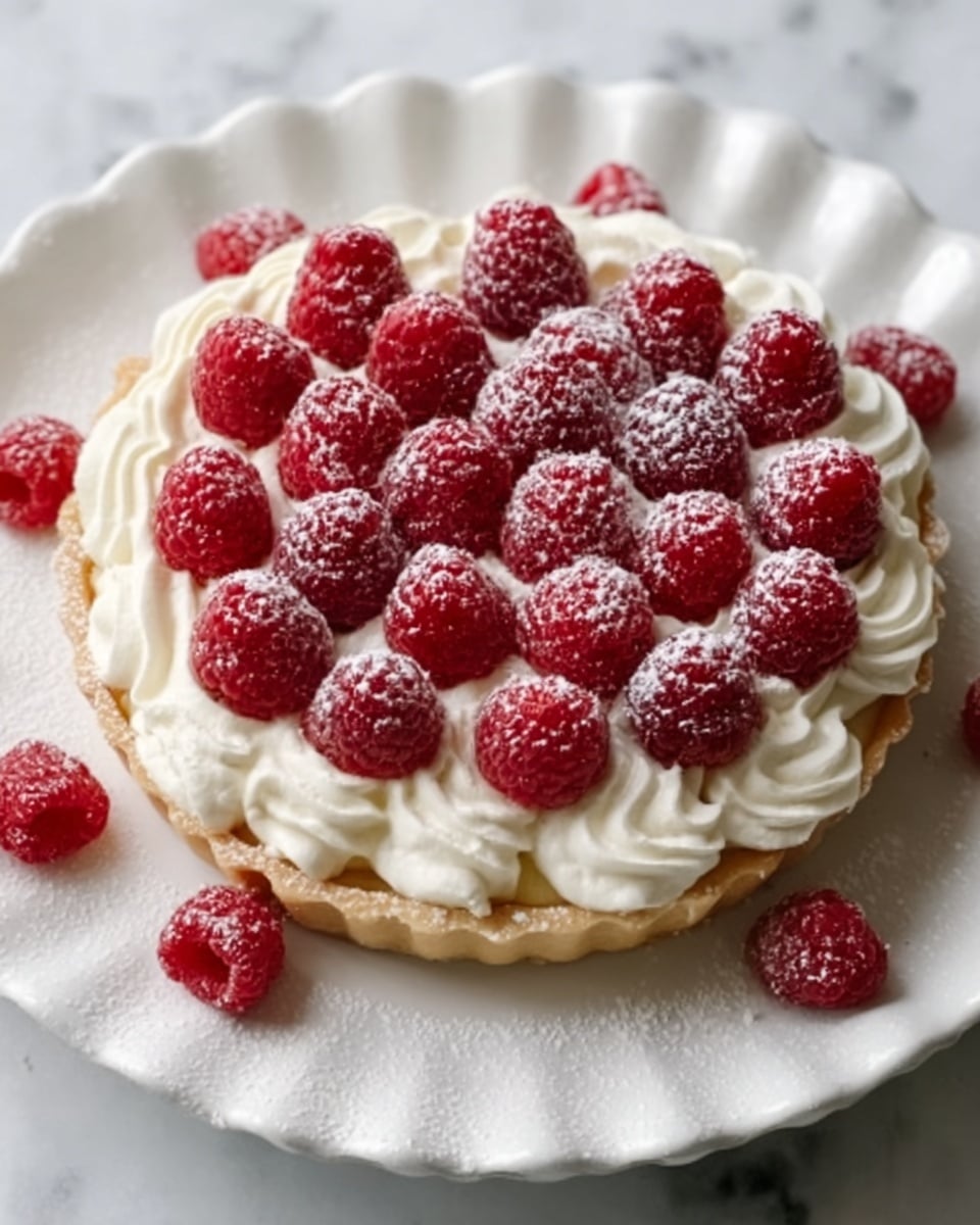 A round tart with three main layers: the base is a golden-brown crust with a smooth texture, the middle layer is thick white cream piped in swirls all over the top, and the top layer is made of bright red raspberries covered lightly with white powdered sugar. The tart is placed on a white, scalloped plate on a white marbled surface with a few raspberries scattered nearby. Photo taken with an iphone --ar 4:5 --v 7