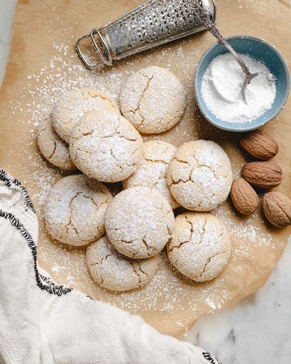 A pile of round cookies, light brown in color with a cracked texture, dusted heavily with white powdered sugar on top, resting on a piece of brown parchment paper. Nearby, there is a white bowl with some powdered sugar and a silver spoon inside. A metal grater is placed to the left, and whole nutmegs are scattered around. The surface below is white with a marbled texture, and a white cloth with black stitching is partially visible in the bottom left corner. photo taken with an iphone --ar 4:5 --v 7