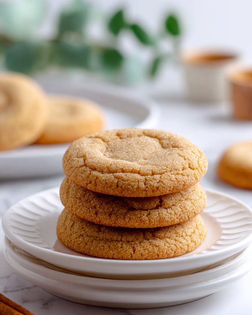 The image shows three soft, round ginger cookies with a lightly cracked surface, placed upright and slightly overlapping each other on a small white plate. This plate sits on top of two other stacked white plates with smooth edges. The cookies have a warm, light brown color and a textured, slightly crinkled top layer that suggests a chewy texture. The background features a blurred white marbled surface with hints of cinnamon sticks and a white flower in soft focus. The lighting is soft and natural, highlighting the cookies' gentle texture and warmth. Photo taken with an iphone --ar 4:5 --v 7