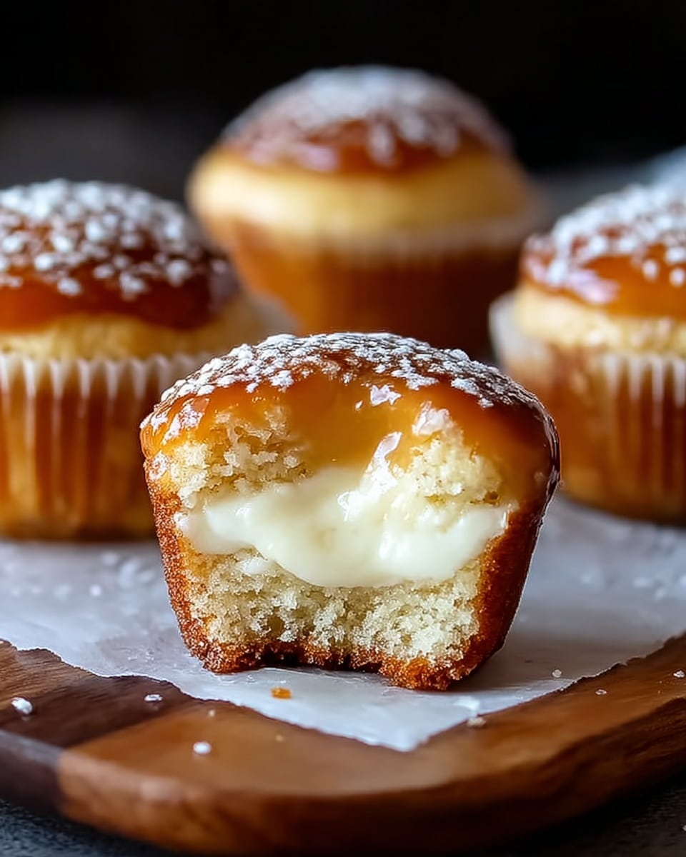 A close-up view of a cupcake with three visible layers, placed on a white marbled surface. The bottom layer is a moist golden-yellow cake with a soft, crumbly texture. The middle layer is smooth, creamy white frosting that sits thickly on top of the cake. The top layer is a shiny, amber caramel glaze that covers the frosting and drips slightly over the edges. The caramel layer is sprinkled lightly with white powdered sugar, adding a delicate dusting effect. In the background, three more cupcakes with the same layers appear slightly out of focus, arranged in a row. photo taken with an iphone --ar 4:5 --v 7