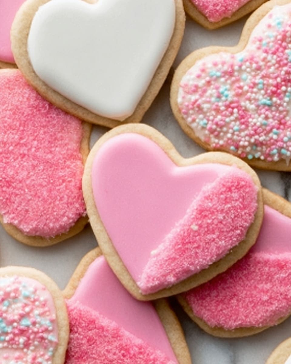 The image shows several heart-shaped cookies with smooth frosting in soft colors on a white marbled surface. The cookies have different frosting designs: some are fully covered with light pink frosting and topped with tiny pink sugar sprinkles, others have plain white frosting or a mix of white and light pink. One cookie in the center has a blue circle with white frosting around it. The cookies overlap each other slightly, creating a cozy layered look. photo taken with an iphone --ar 4:5 --v 7