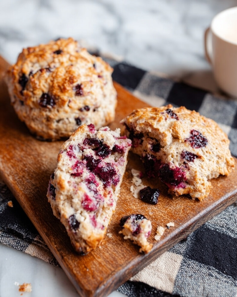 Two freshly baked scones sit on a wooden cutting board on top of a white marbled surface covered partially by a black and gray checkered cloth; one scone is whole, showcasing a rough, golden brown crust with dark red berry pieces visible, while the other is broken open, revealing a soft, light beige inside filled with juicy, dark red berries, some crumbs scattered around. Photo taken with an iphone --ar 4:5 --v 7