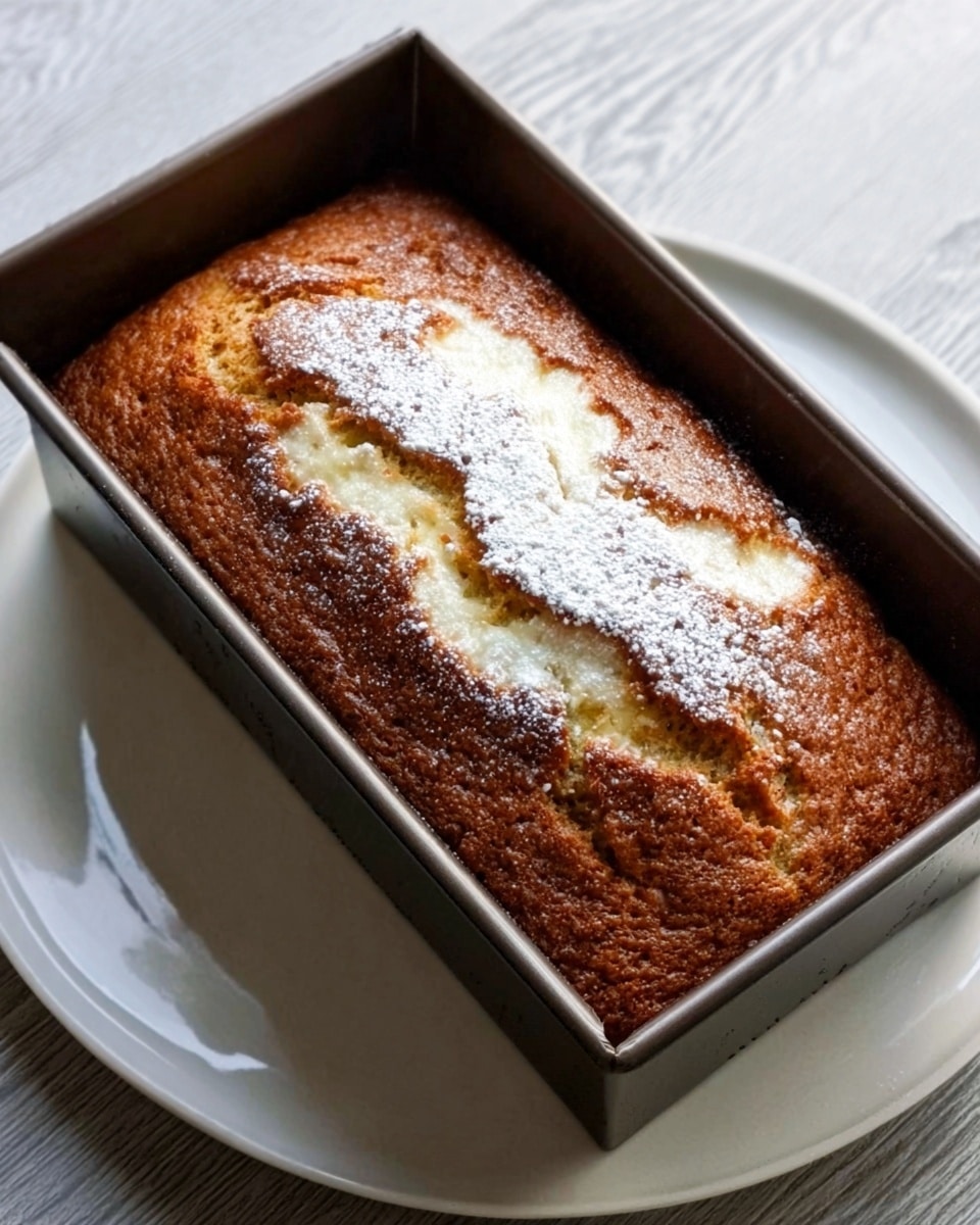 A golden brown loaf with a slightly cracked top dusted with powdered sugar sits inside a dark baking pan placed on a white plate, all on a white marbled surface. The loaf looks soft and moist with some areas showing a lighter baked color. Photo taken with an iphone --ar 4:5 --v 7