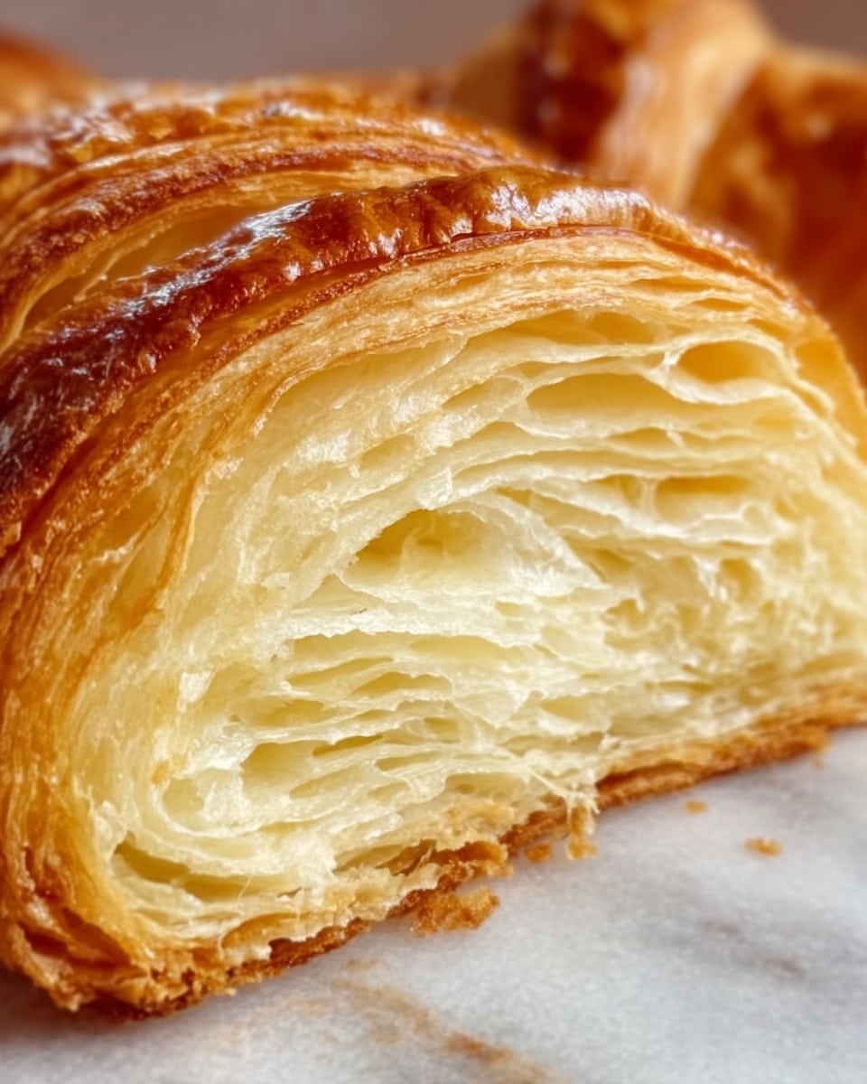 A close-up image of a croissant cut in half, showing many thin, soft, light golden layers inside. The outer crust is shiny and darker golden brown, smooth and slightly flaky. The croissant is resting on a white marbled surface. The textures of the inside layers look soft and airy, while the outer crust looks crisp and flaky. Photo taken with an iphone --ar 4:5 --v 7