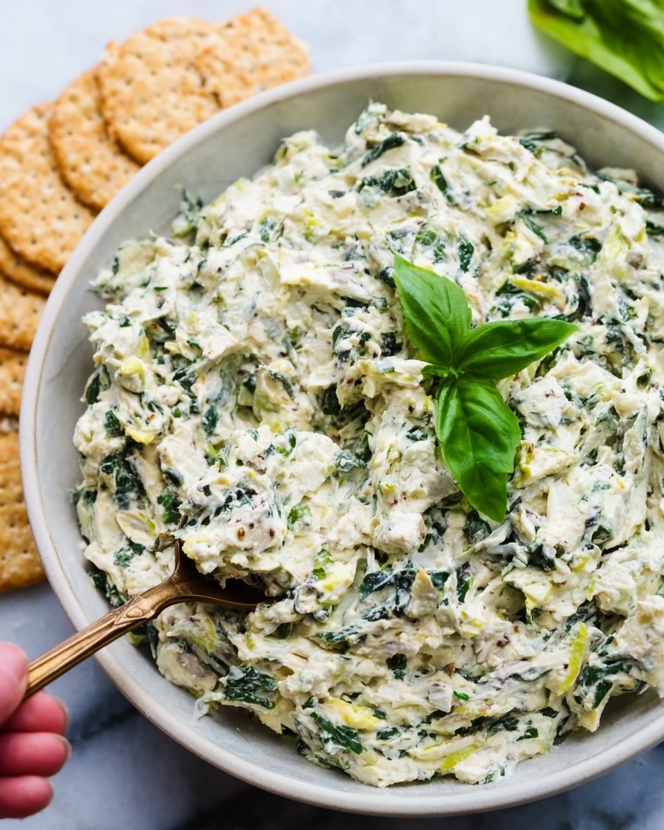 A close-up of a white bowl filled with a creamy dip made from finely chopped spinach and artichoke mixed with a white, smooth base that looks like cream cheese or sour cream. The dip has small green pieces of spinach and light yellow chunks of artichoke, giving it a textured look. A woman's hand is holding a silver spoon resting inside the bowl, slightly stirring the dip. The bowl is placed on a white marbled surface with round, golden brown crackers partly visible on the right side. A fresh basil leaf is placed on top of the dip as decoration. Photo taken with an iphone --ar 4:5 --v 7