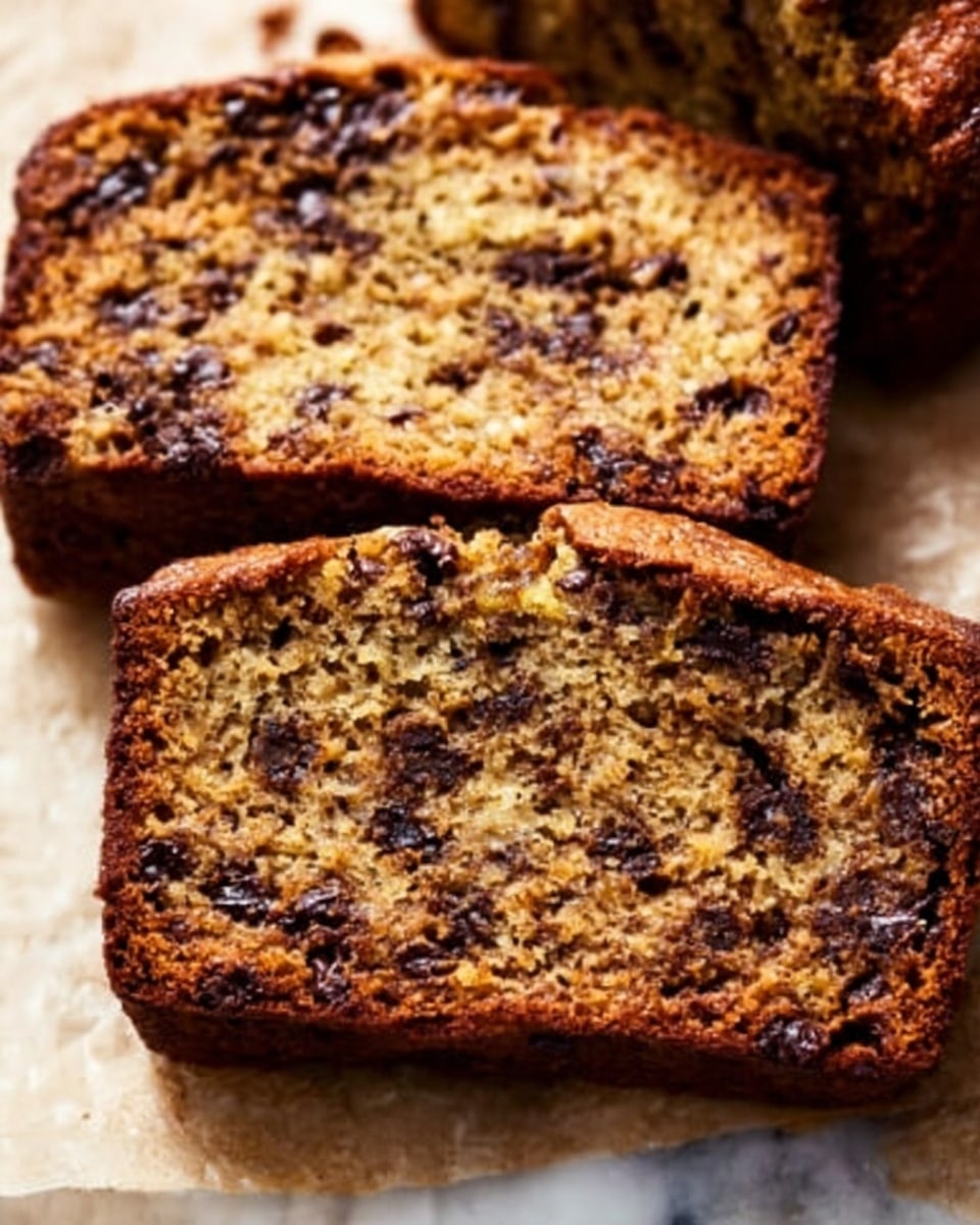 The image shows two thick slices of banana bread placed side by side on a white marbled surface. The bread has a golden-brown crust with darker brown spots where the chocolate chips are melted. The inside of the bread has a soft texture with visible chunks of banana and melted chocolate, giving it a speckled look. The slices look moist and dense with uneven edges, showing a homemade style. photo taken with an iphone --ar 4:5 --v 7