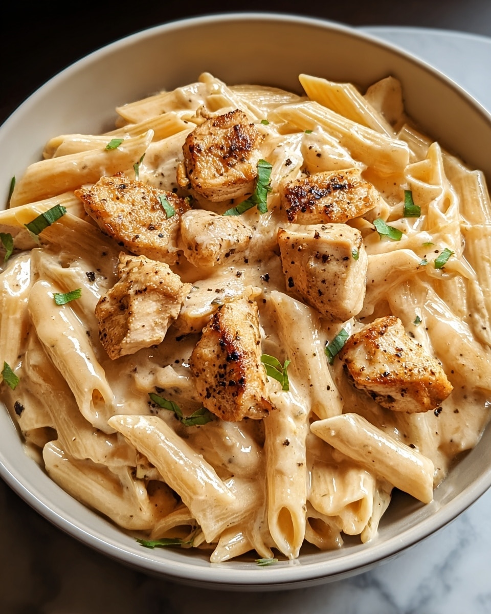 A close-up view of creamy pasta in a white bowl, showing two main layers: the bottom layer is pale yellow penne pasta coated in a smooth, rich, light cream sauce; the top layer features golden-brown grilled chicken chunks scattered unevenly, sprinkled with small pieces of fresh green herbs and a light dusting of black pepper, all resting on a white marbled surface. photo taken with an iphone --ar 4:5 --v 7