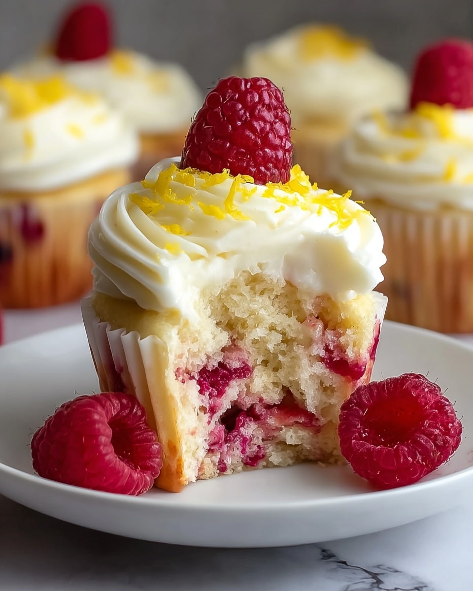 A close-up of a cupcake with a bite taken from the front, showing a soft, light yellow cake inside with red raspberry bits spread throughout. The cupcake is topped with creamy white frosting that has a smooth, swirled texture, garnished with thin strips of yellow lemon zest and a whole fresh red raspberry on top. The cupcake wrapper is white and the cupcake sits on a white plate with a few fresh raspberries around it. The background features blurred cupcakes. photo taken with an iphone --ar 4:5 --v 7
