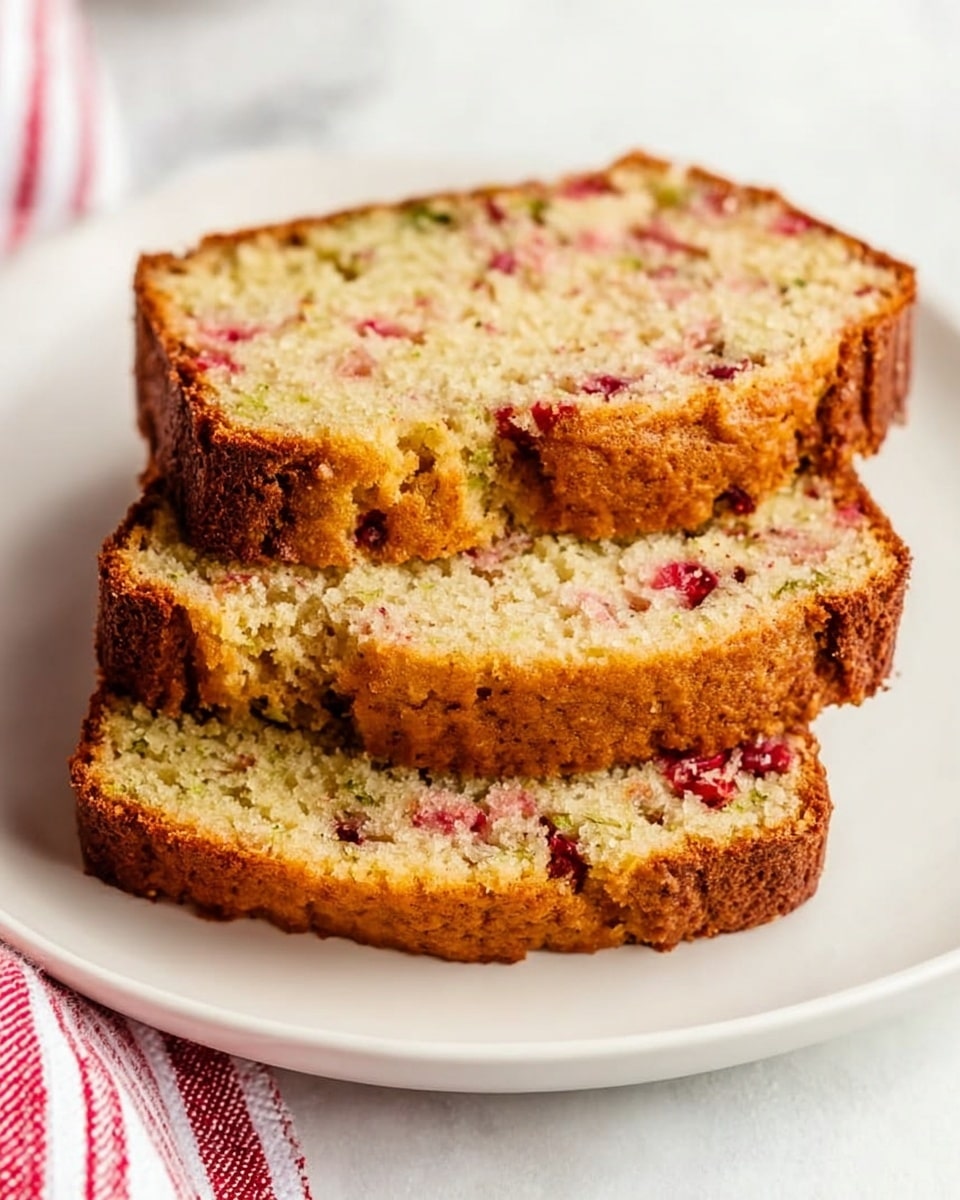 Three thick slices of bread loaf are placed overlapping each other on a round white plate. The bread has a light golden brown crust that looks crunchy, and the inside is pale yellow with visible small red, green, and brown pieces scattered throughout, giving it a textured and colorful appearance. The bread slices are arranged on the plate that rests on a white marbled surface with a part of a white cloth with red stripes visible under the plate. photo taken with an iphone --ar 4:5 --v 7