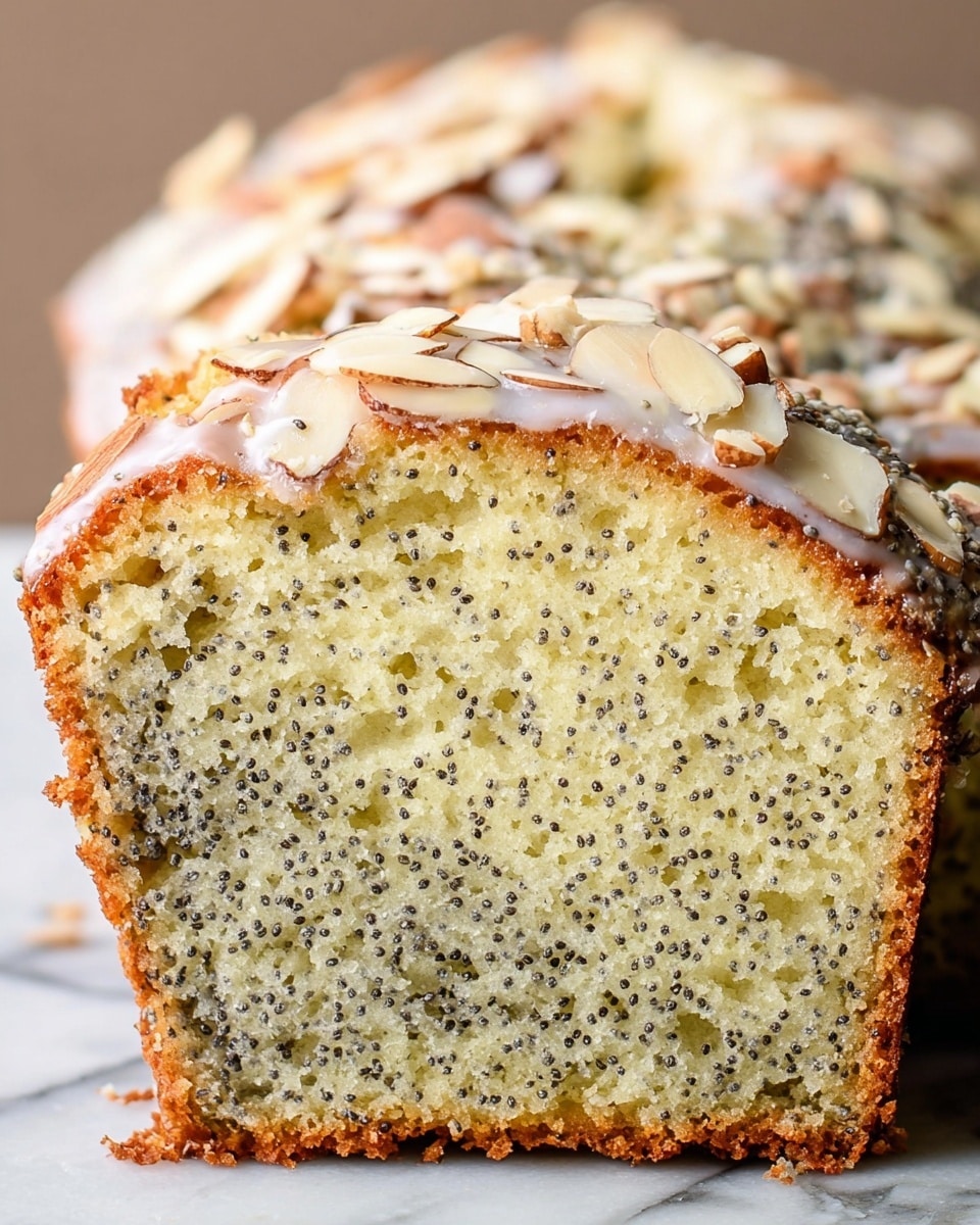 This image shows a close-up of two thick slices of poppy seed cake with a light golden-brown crust. Each slice has a soft, moist inside filled with tiny, black poppy seeds evenly spread throughout the pale yellow cake layer. The top layer is slightly textured and sprinkled with thin, toasted almond slices and a faint drizzle of white glaze that adds a shiny touch. The background is a white marbled texture. Photo taken with an iphone --ar 4:5 --v 7