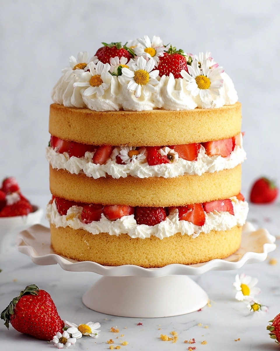 The image shows a three-layer cake on a white cake stand with a wavy edge. Each of the three thick golden yellow cake layers is separated by a ring of white whipped cream with a smooth, fluffy texture, shaped into neat swirls. Chopped red strawberries with a juicy texture are placed between the swirls of cream in each layer. On top of the cake, there is a final layer of whipped cream swirls with more strawberry pieces and small white and yellow edible flowers scattered for decoration. The cake is placed on a white marbled surface, with a few loose strawberries and crumbs nearby. photo taken with an iphone --ar 4:5 --v 7
