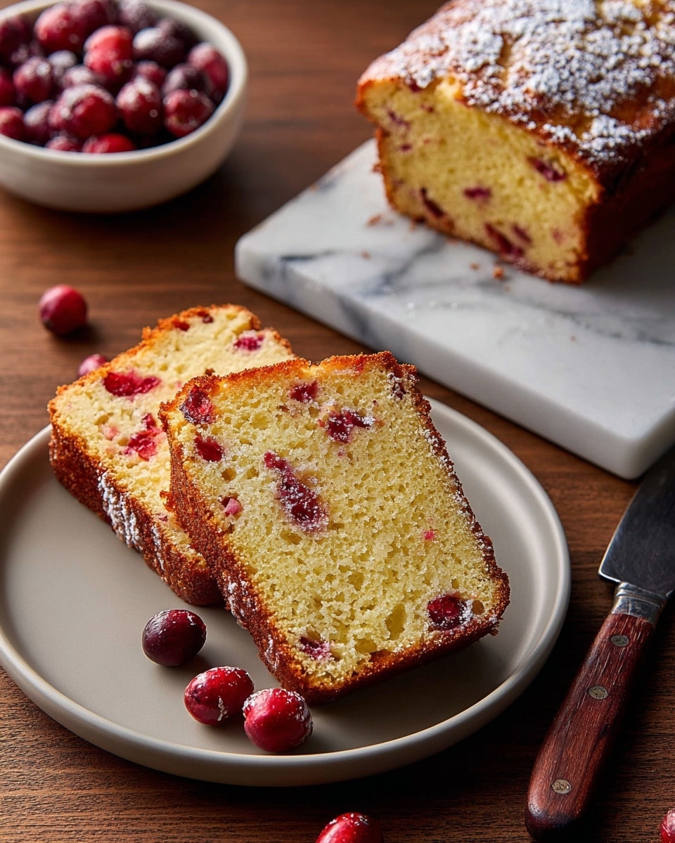 Two slices of golden-brown cake with visible red cranberries dotted inside sit on a white plate, the texture looking soft and moist with a slightly crisp crust. The cake is light yellow inside with small air holes and red cranberries evenly spread. Next to the plate on a wooden surface is a thicker piece of the same cake, dusted with powdered sugar on top, showing a rough, crunchy crust. A few fresh cranberries scatter on the plate, adding a bright red contrast. A knife with a dark wooden handle lies beside the plate on the white marbled texture. In the corner, a white bowl holds more fresh red cranberries. photo taken with an iphone --ar 4:5 --v 7