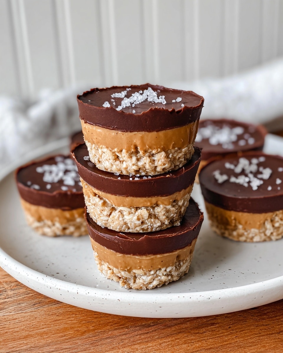The image shows six small round dessert cups with three stacked in the center on a white plate, placed on a wooden surface with a white marbled textured background. Each cup has three distinct layers: the bottom layer is a chunky, pale beige oat mixture; the middle layer is a smooth, light brown peanut butter cream; and the top layer is a thick, glossy dark brown chocolate topped with flakes of sea salt. The chocolate layers are uniform and flat on top. The cups have a slightly rough side texture where the layers meet. Photo taken with an iphone --ar 4:5 --v 7